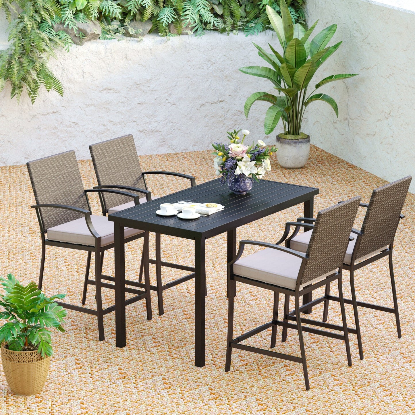 Ensemble de salle à manger de 5 pièces, 4 chaises de bar pivotantes en rotin ou 4 chaises de bar pivotantes en métal et 1 table de bar rectangulaire en métal