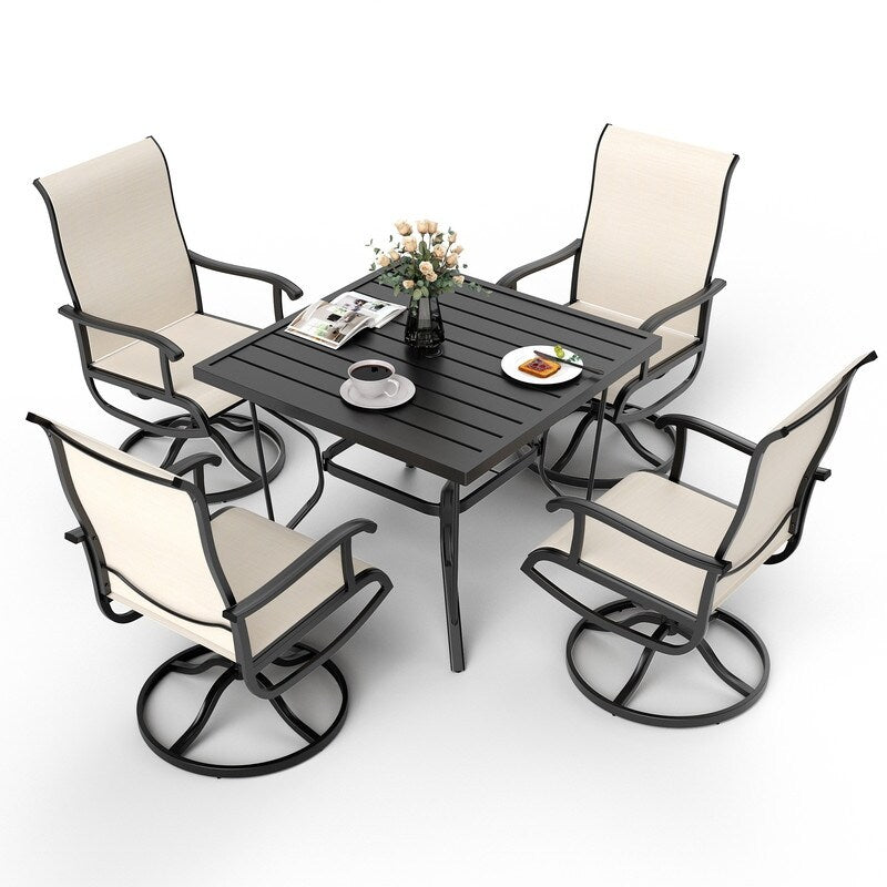 Ensemble de salle à manger d'extérieur en métal 5 pièces avec table carrée et chaises pivotantes en textilène