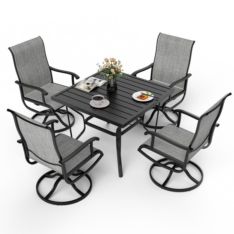 Ensemble de salle à manger d'extérieur en métal 5 pièces avec table carrée et chaises pivotantes en textilène