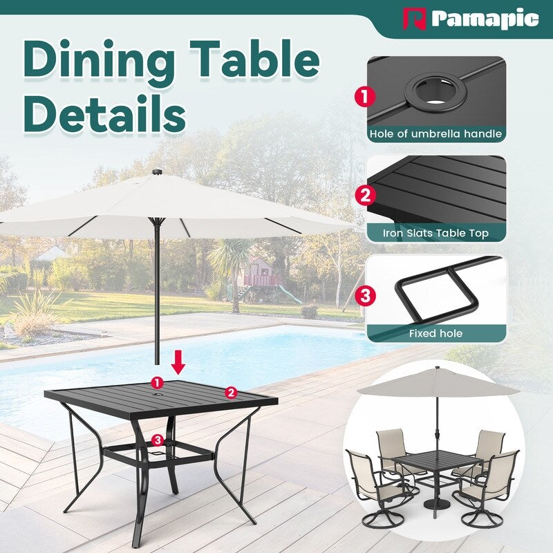 Ensemble de salle à manger d'extérieur en métal 5 pièces avec table carrée et chaises pivotantes en textilène
