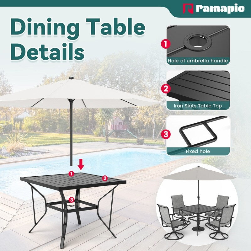 Ensemble de salle à manger d'extérieur en métal 5 pièces avec table carrée et chaises pivotantes en textilène