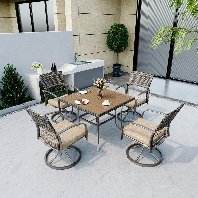 Ensemble de salle à manger d'extérieur en métal 5 pièces avec table carrée et chaises pivotantes en rotin avec coussin