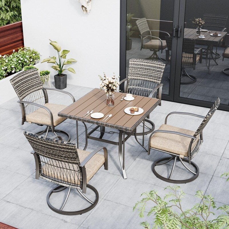 Ensemble de salle à manger d'extérieur en métal 5 pièces avec table carrée et chaises pivotantes en rotin avec coussin