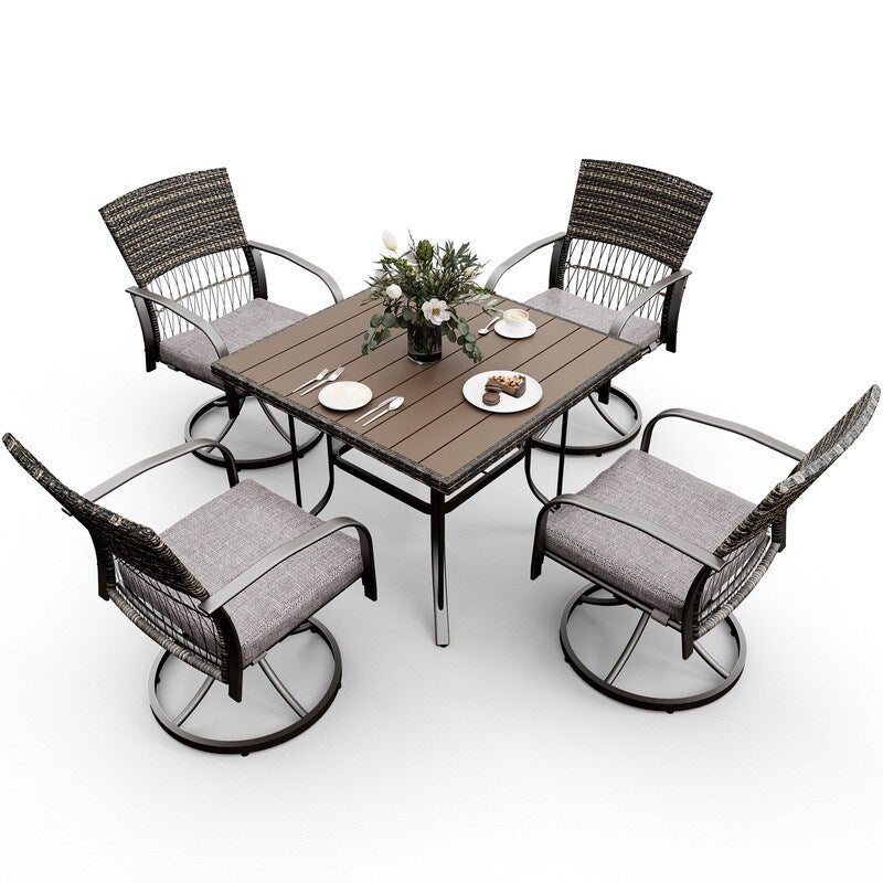 Ensemble de salle à manger d'extérieur en métal 5 pièces avec table carrée et chaises pivotantes en rotin avec coussin