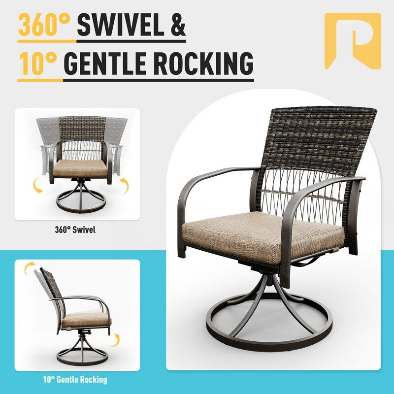 Ensemble de salle à manger d'extérieur en métal 5 pièces avec table carrée et chaises pivotantes en rotin avec coussin