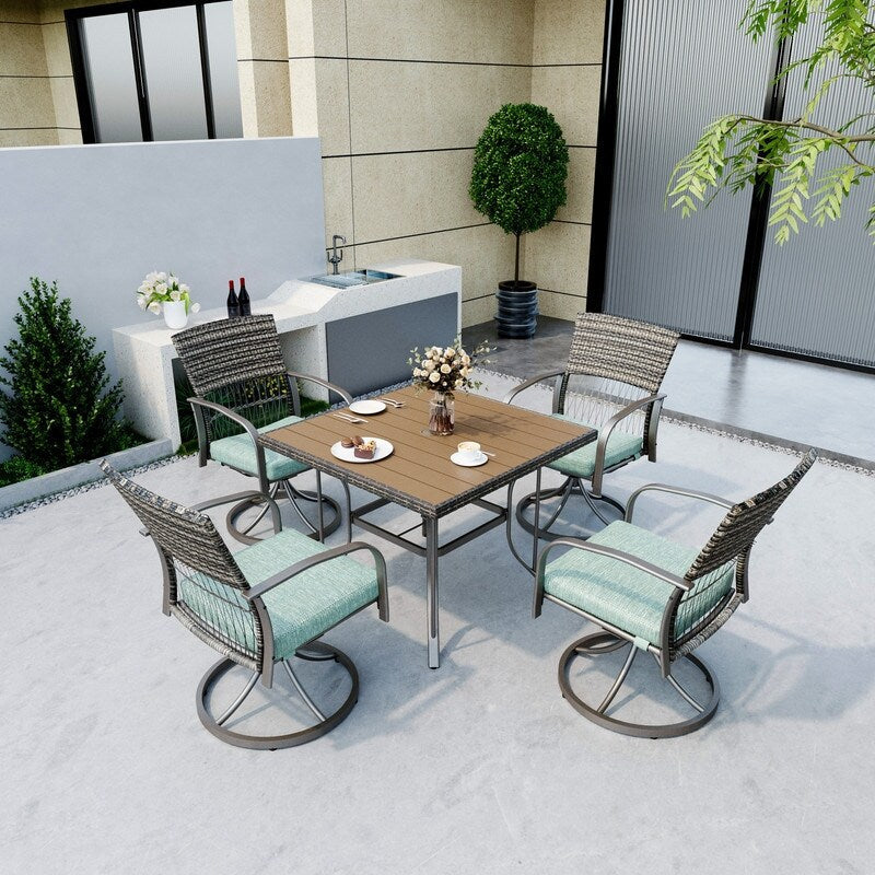 Ensemble de salle à manger d'extérieur en métal 5 pièces avec table carrée et chaises pivotantes en rotin avec coussin