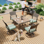 Ensemble de salle à manger d'extérieur en métal 5 pièces avec table carrée et chaises pivotantes en rotin avec coussin