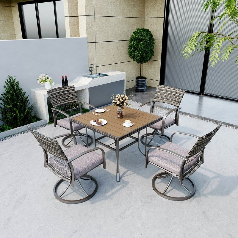 Ensemble de salle à manger d'extérieur en métal 5 pièces avec table carrée et chaises pivotantes en rotin avec coussin