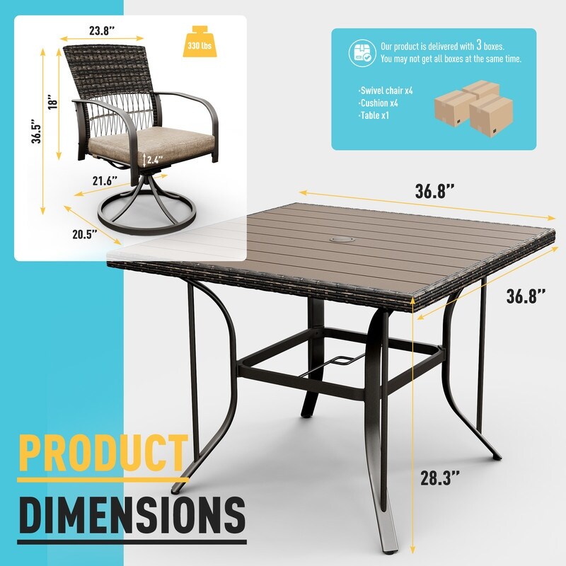 Ensemble de salle à manger d'extérieur en métal 5 pièces avec table carrée et chaises pivotantes en rotin avec coussin