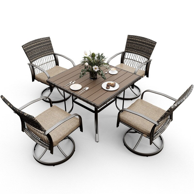 Ensemble de salle à manger d'extérieur en métal 5 pièces avec table carrée et chaises pivotantes en rotin avec coussin