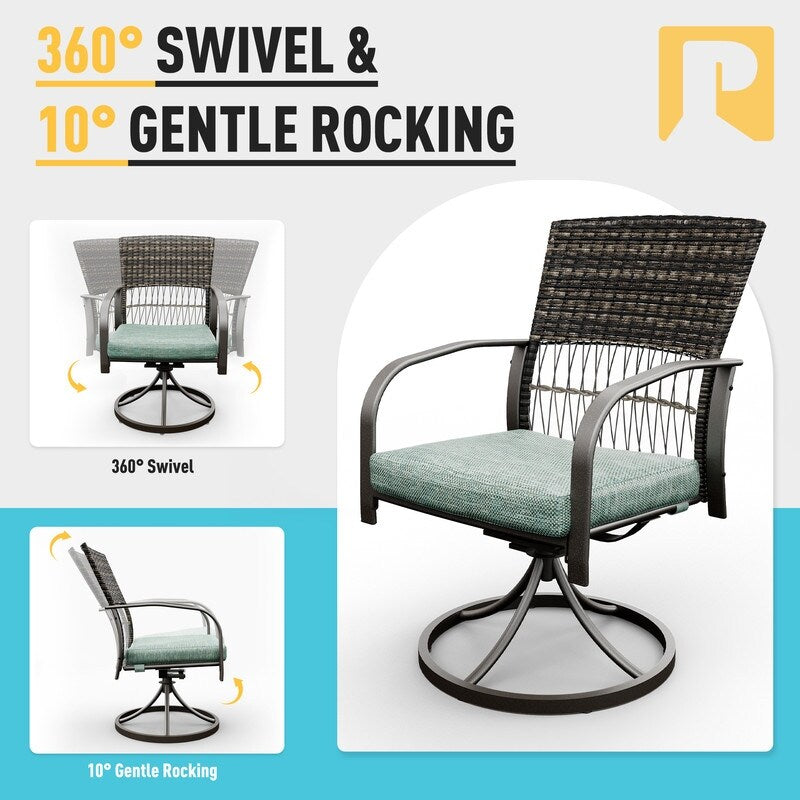 Ensemble de salle à manger d'extérieur en métal 5 pièces avec table carrée et chaises pivotantes en rotin avec coussin