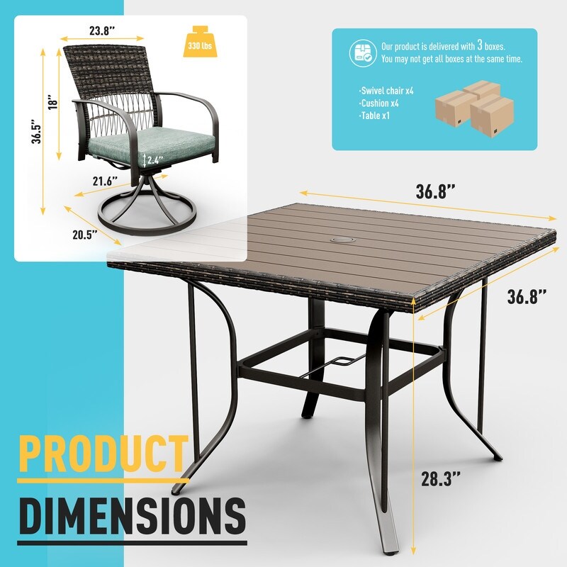 Ensemble de salle à manger d'extérieur en métal 5 pièces avec table carrée et chaises pivotantes en rotin avec coussin