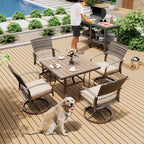 Ensemble de salle à manger d'extérieur en métal 5 pièces avec table carrée et chaises pivotantes en rotin avec coussin