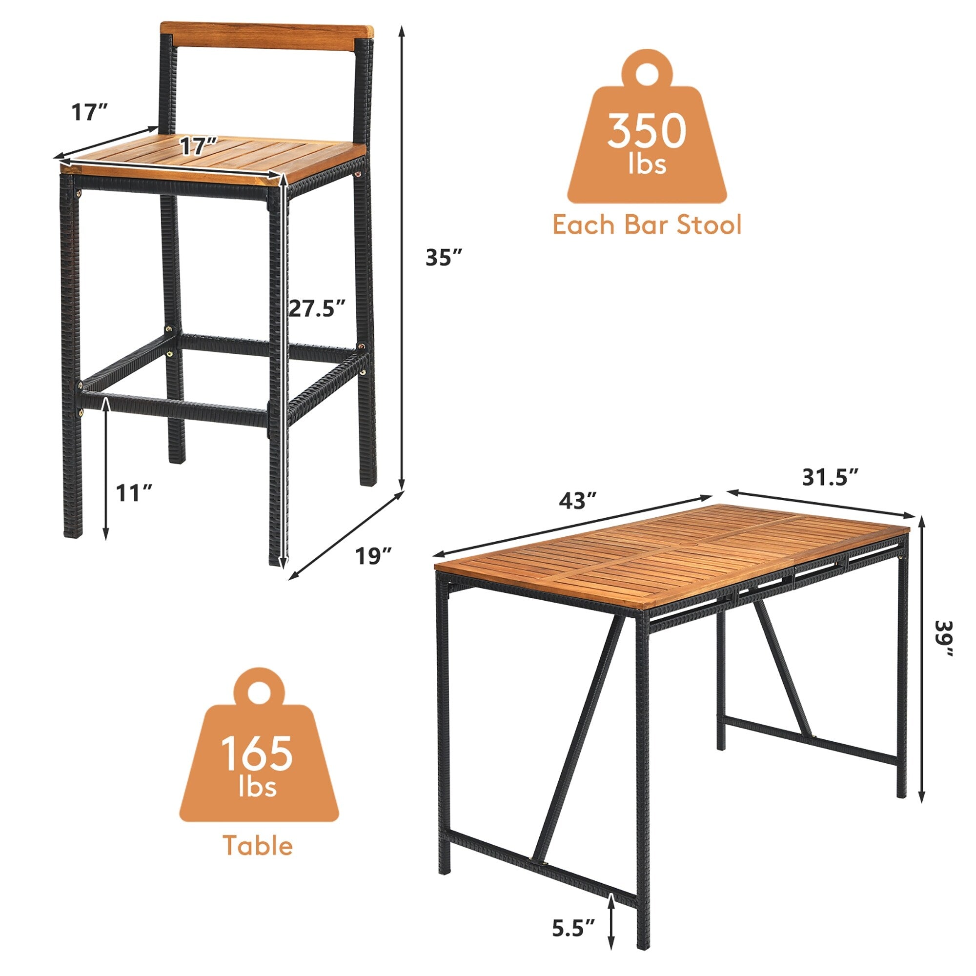 Ensemble de table de bar d'extérieur 5 pièces en bois d'acacia, ensemble de salle à manger de hauteur bar