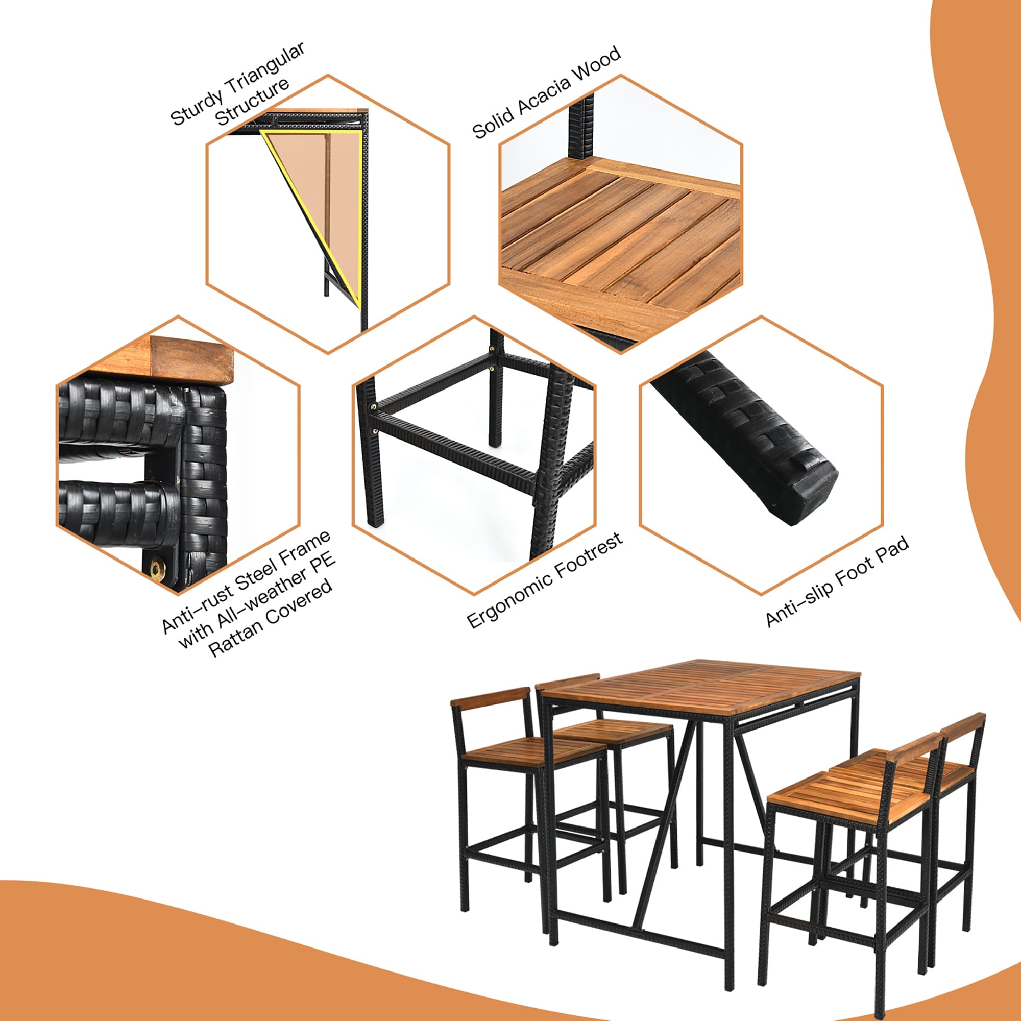 Ensemble de table de bar d'extérieur 5 pièces en bois d'acacia, ensemble de salle à manger de hauteur bar