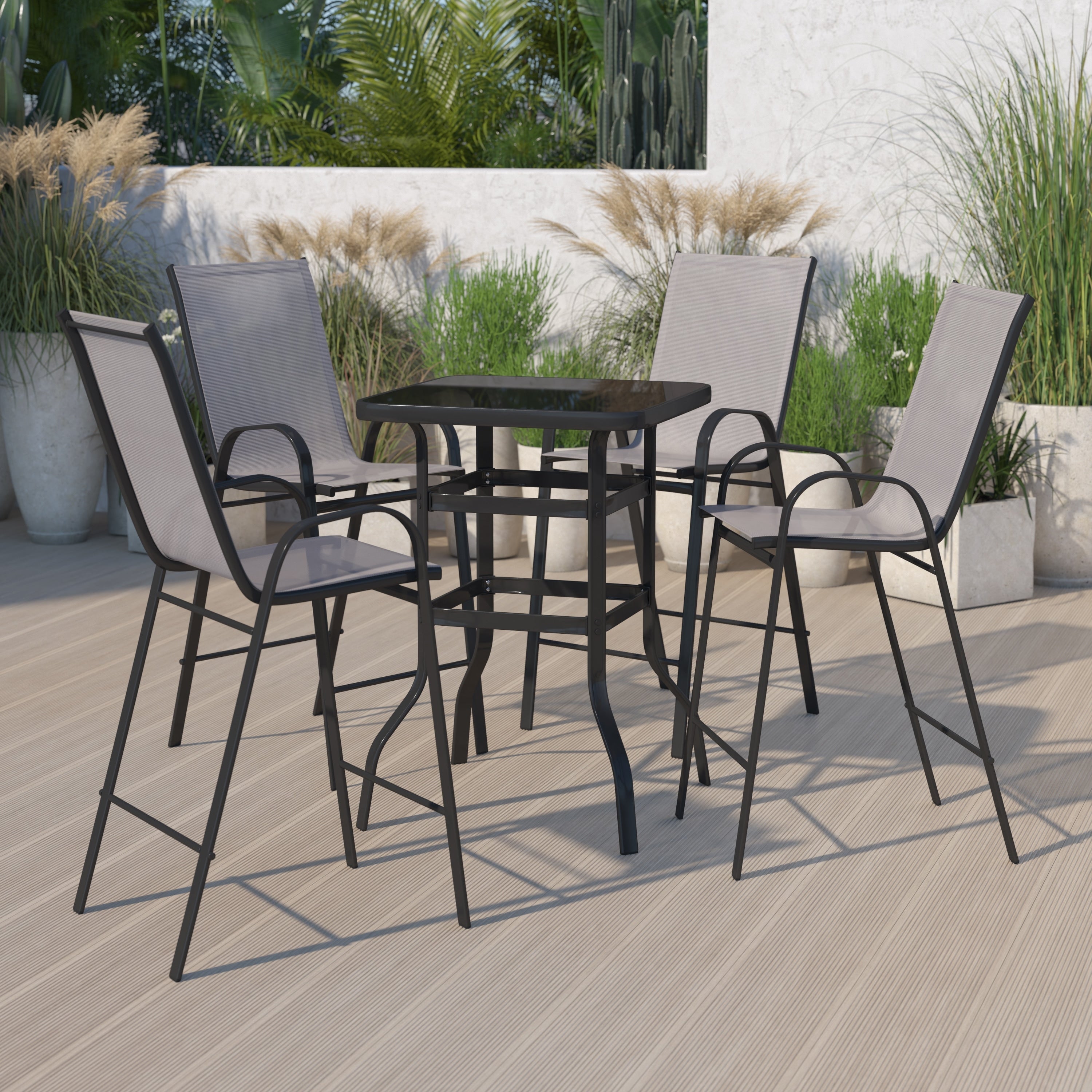 Ensemble de 5 tables de bar en verre pour extérieur avec 4 tabourets