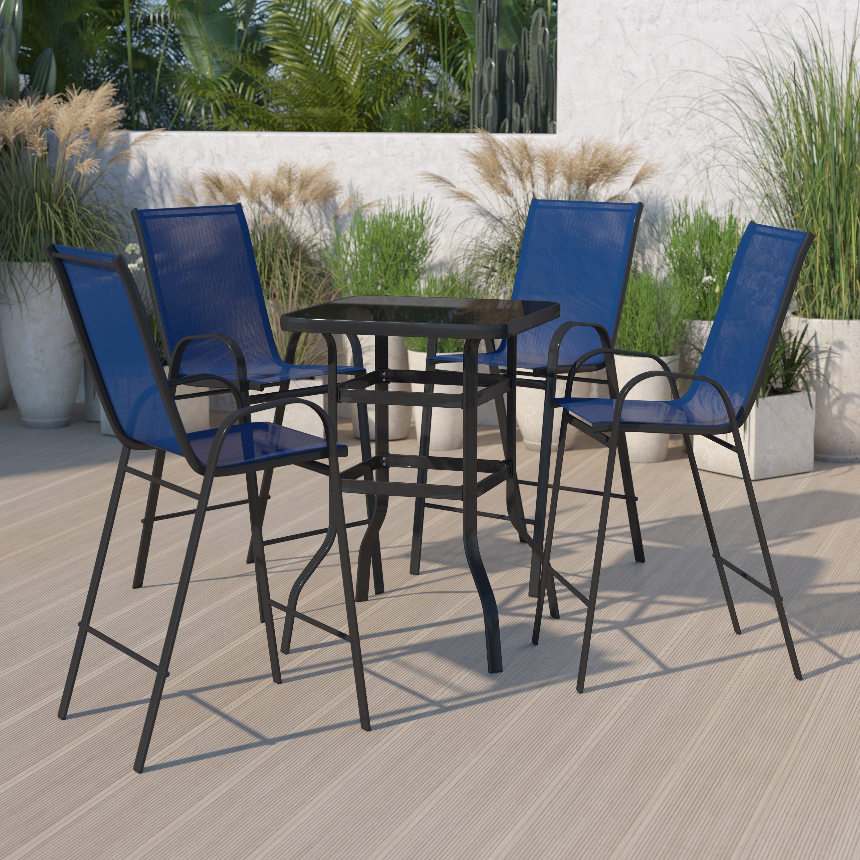Ensemble de 5 tables de bar en verre pour extérieur avec 4 tabourets