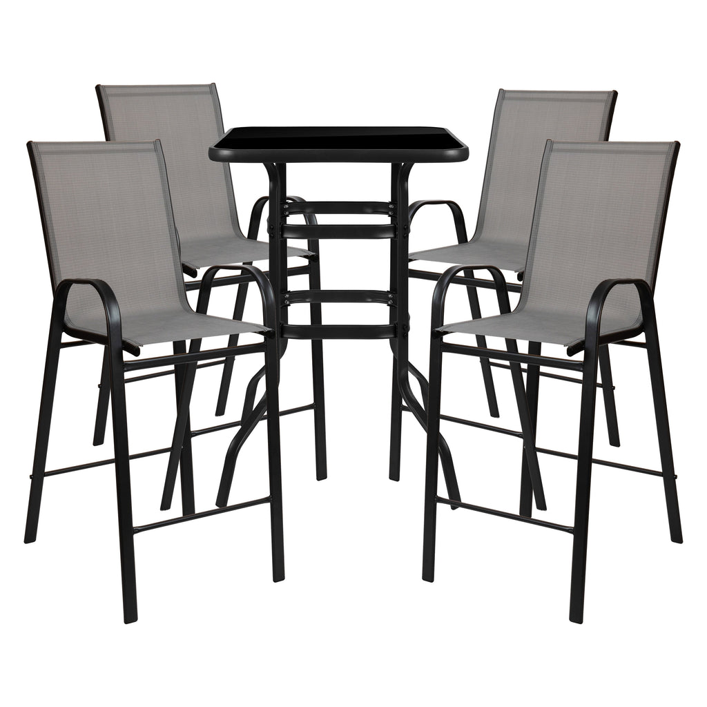 Ensemble de 5 tables de bar en verre pour extérieur avec 4 tabourets