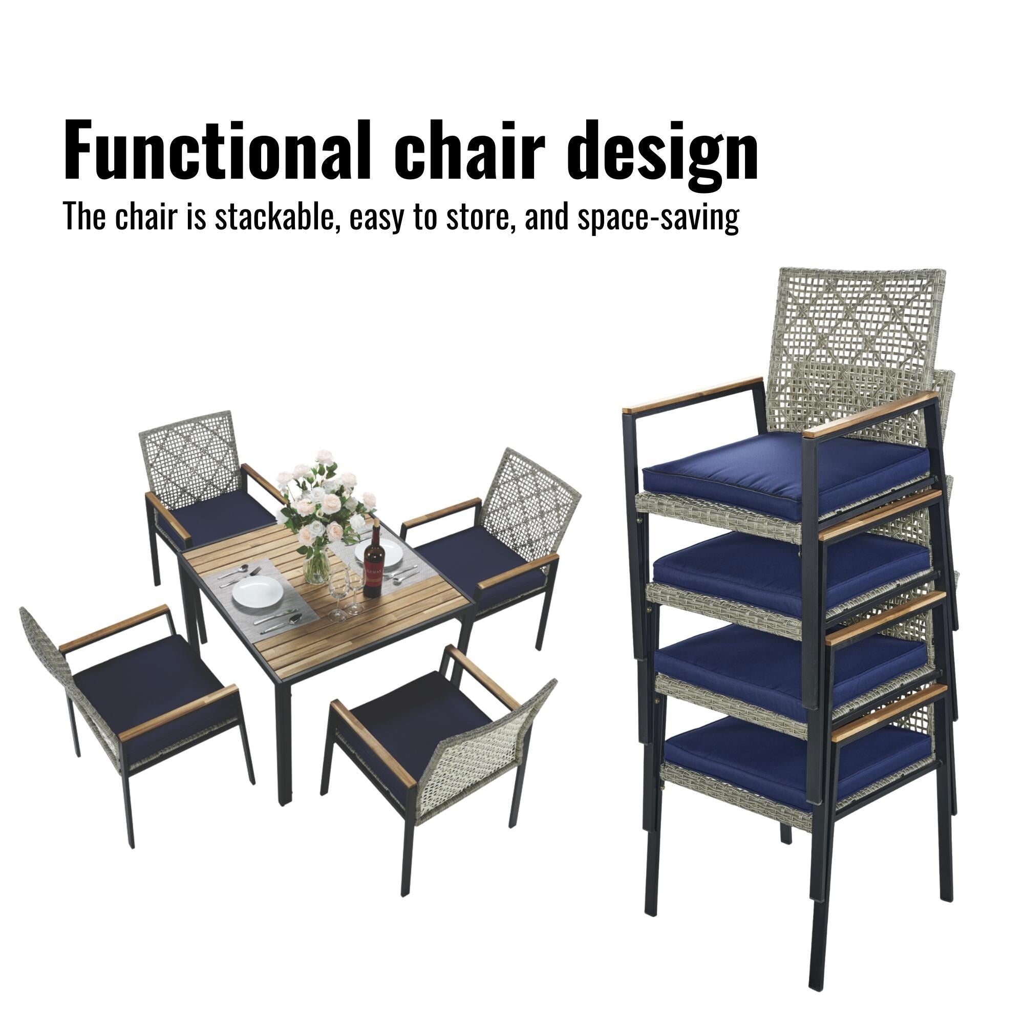Ensemble de salle à manger d'extérieur en rotin 5 pièces avec chaises empilables, plateau de table en bois d'acacia de 35 po avec trou pour parasol