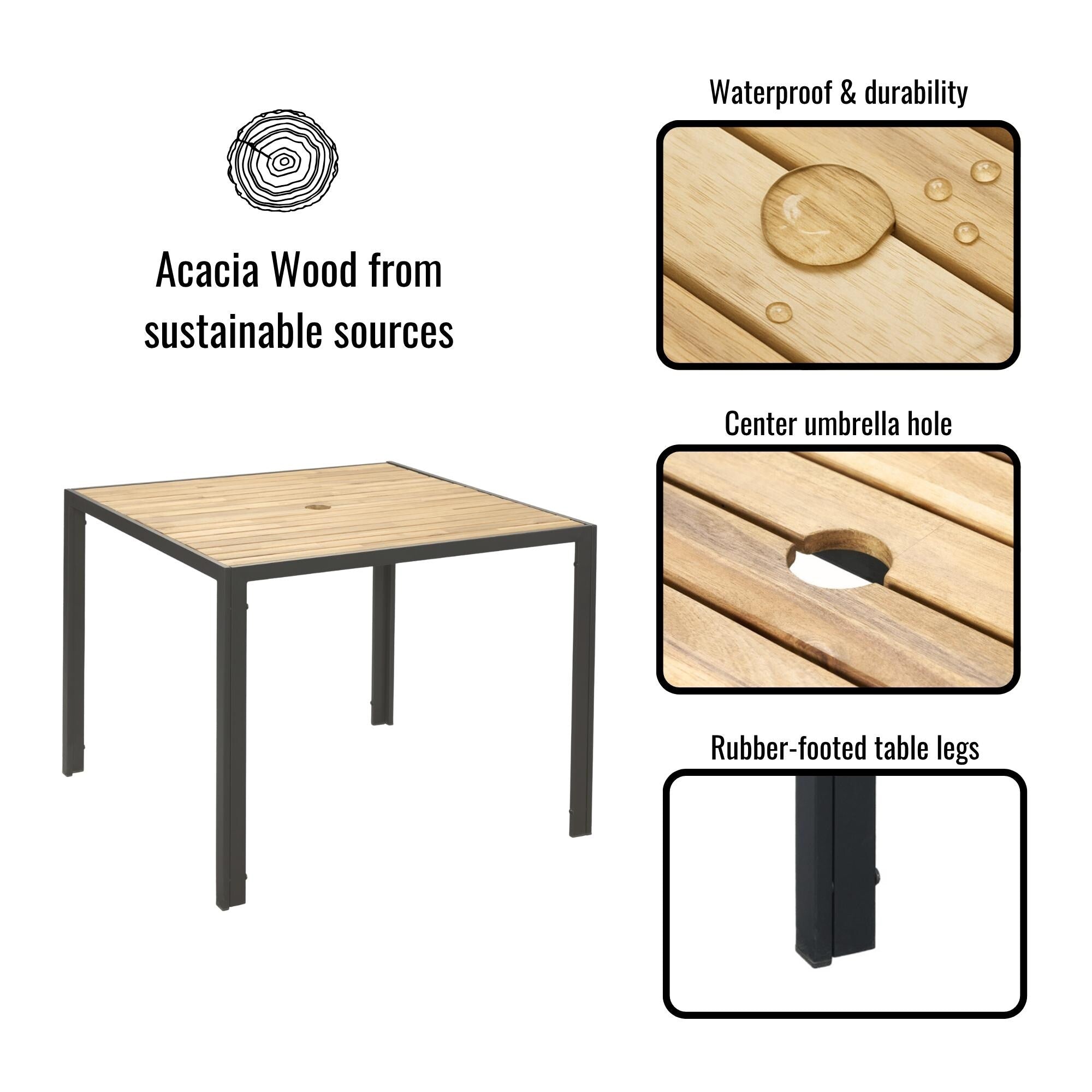 Ensemble de salle à manger d'extérieur en rotin 5 pièces avec chaises empilables, plateau de table en bois d'acacia de 35 po avec trou pour parasol