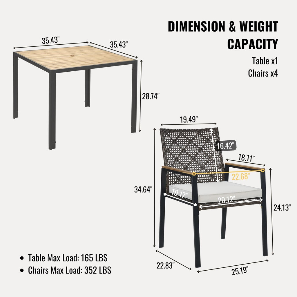 Ensemble de salle à manger d'extérieur en rotin 5 pièces avec chaises empilables, plateau de table en bois d'acacia de 35 po avec trou pour parasol