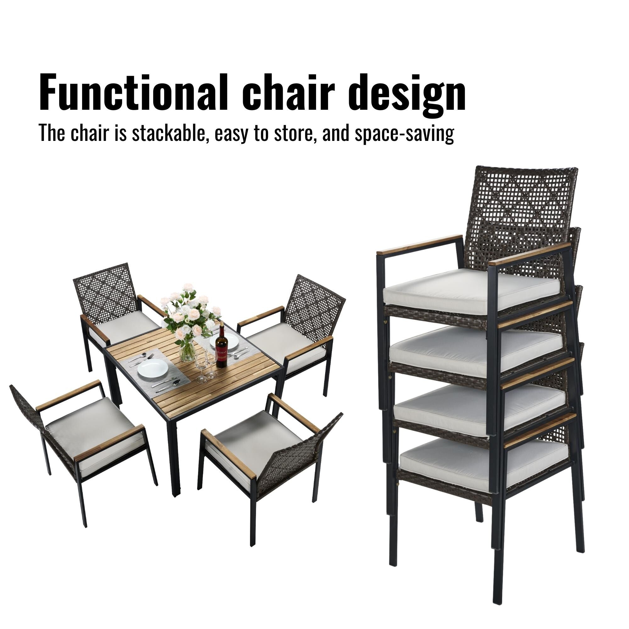 Ensemble de salle à manger d'extérieur en rotin 5 pièces avec chaises empilables, plateau de table en bois d'acacia de 35 po avec trou pour parasol