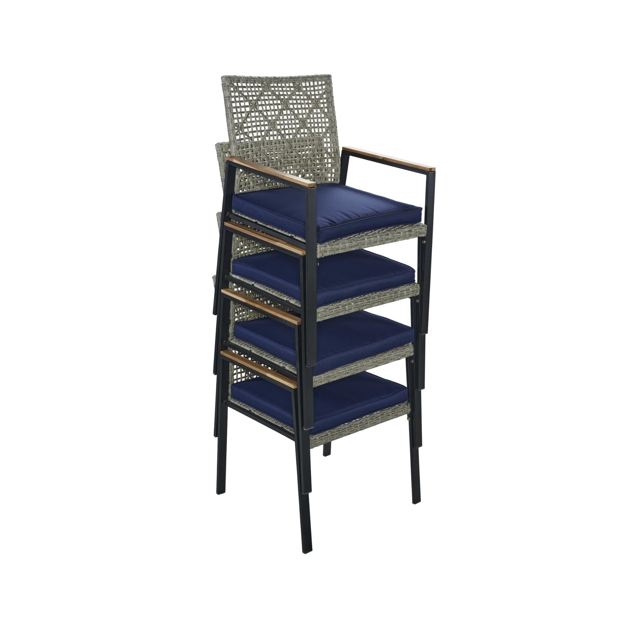 Ensemble de salle à manger d'extérieur en rotin 5 pièces avec chaises empilables, plateau de table en bois d'acacia de 35 po avec trou pour parasol