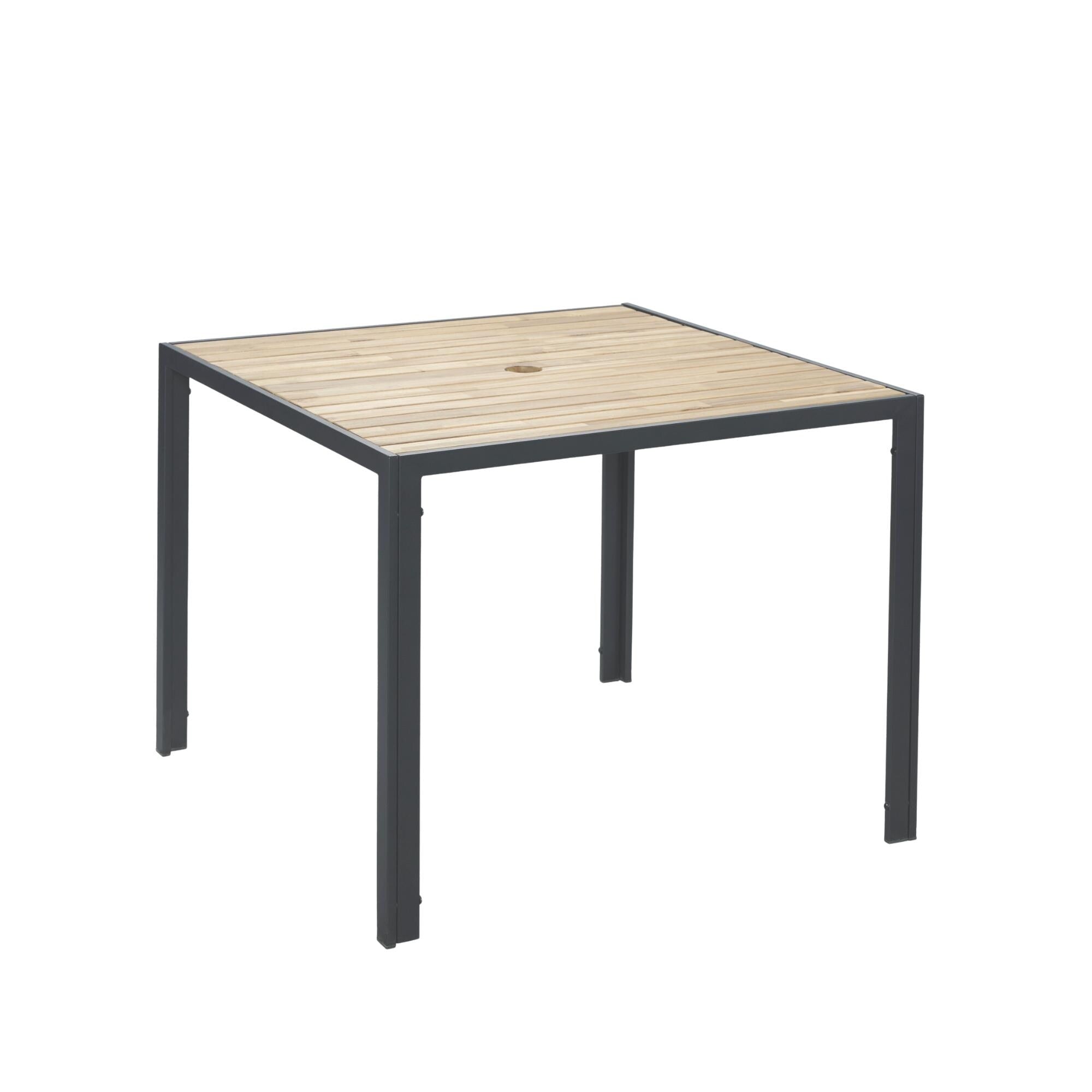 Ensemble de salle à manger d'extérieur en rotin 5 pièces avec chaises empilables, plateau de table en bois d'acacia de 35 po avec trou pour parasol