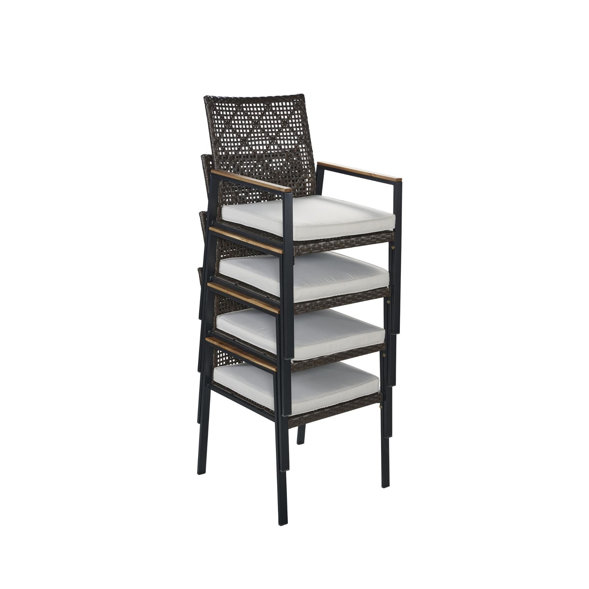 Ensemble de salle à manger d'extérieur en rotin 5 pièces avec chaises empilables, plateau de table en bois d'acacia de 35 po avec trou pour parasol