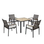 Ensemble de salle à manger d'extérieur en rotin 5 pièces avec chaises empilables, plateau de table en bois d'acacia de 35 po avec trou pour parasol