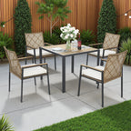 Ensemble de salle à manger d'extérieur en rotin 5 pièces avec chaises empilables, plateau de table en bois d'acacia de 35 po avec trou pour parasol