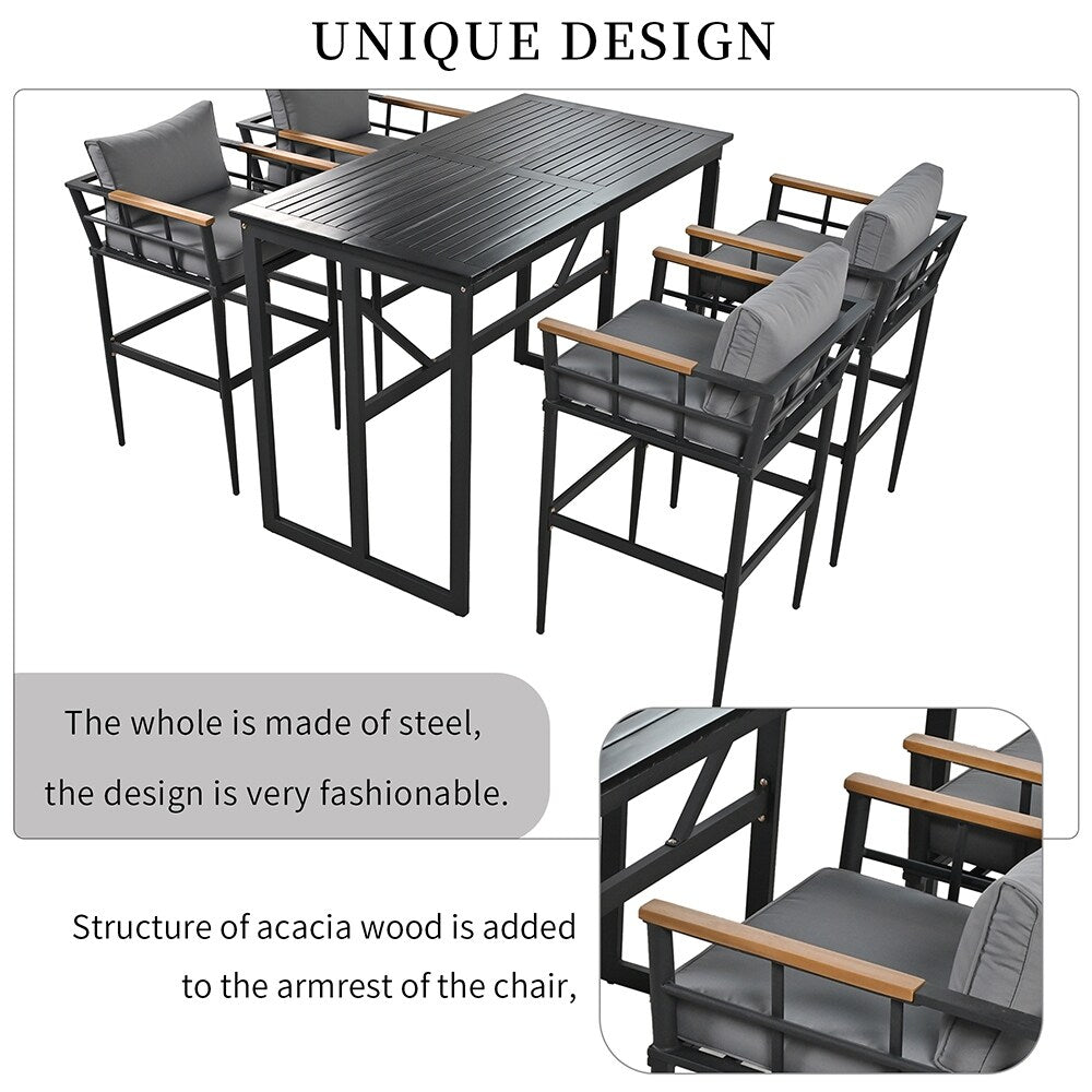 Ensemble de salle à manger d'extérieur en acier 5 pièces avec 4 chaises, bar et coussins