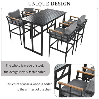 Ensemble de salle à manger d'extérieur en acier 5 pièces avec 4 chaises, bar et coussins