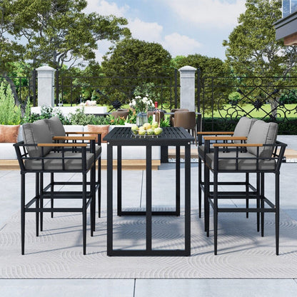 Ensemble de salle à manger d'extérieur en acier 5 pièces avec 4 chaises, bar et coussins