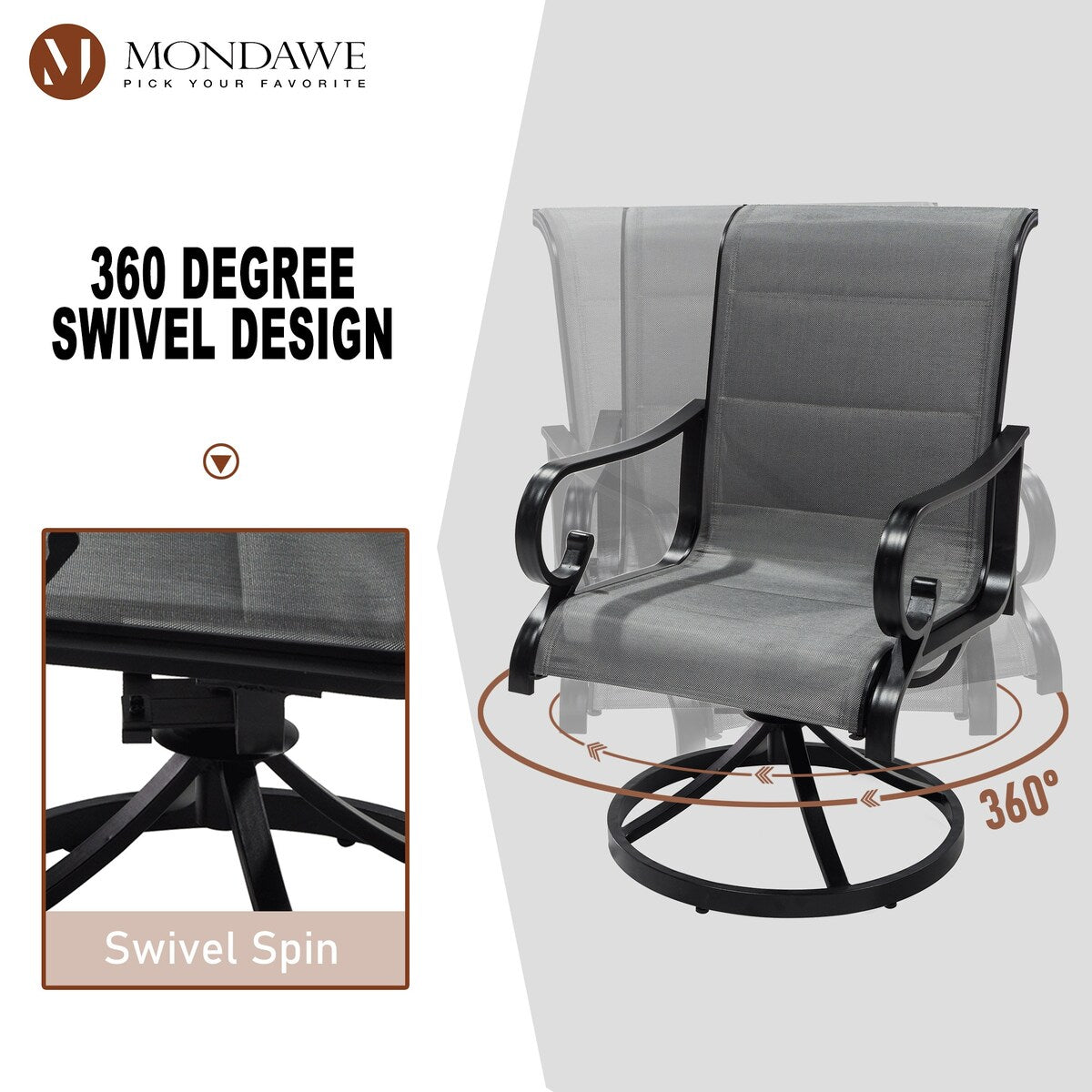 Ensemble de salle à manger d'extérieur 5 pièces avec chaises pivotantes en textilène et aluminium