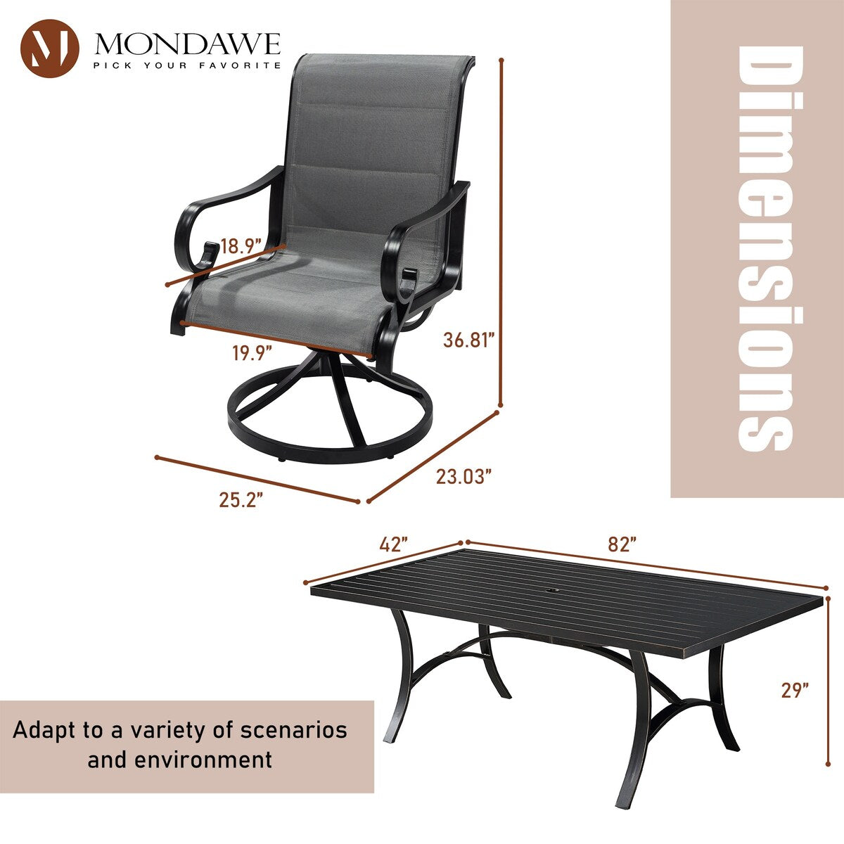 Ensemble de salle à manger d'extérieur 5 pièces avec chaises pivotantes en textilène et aluminium