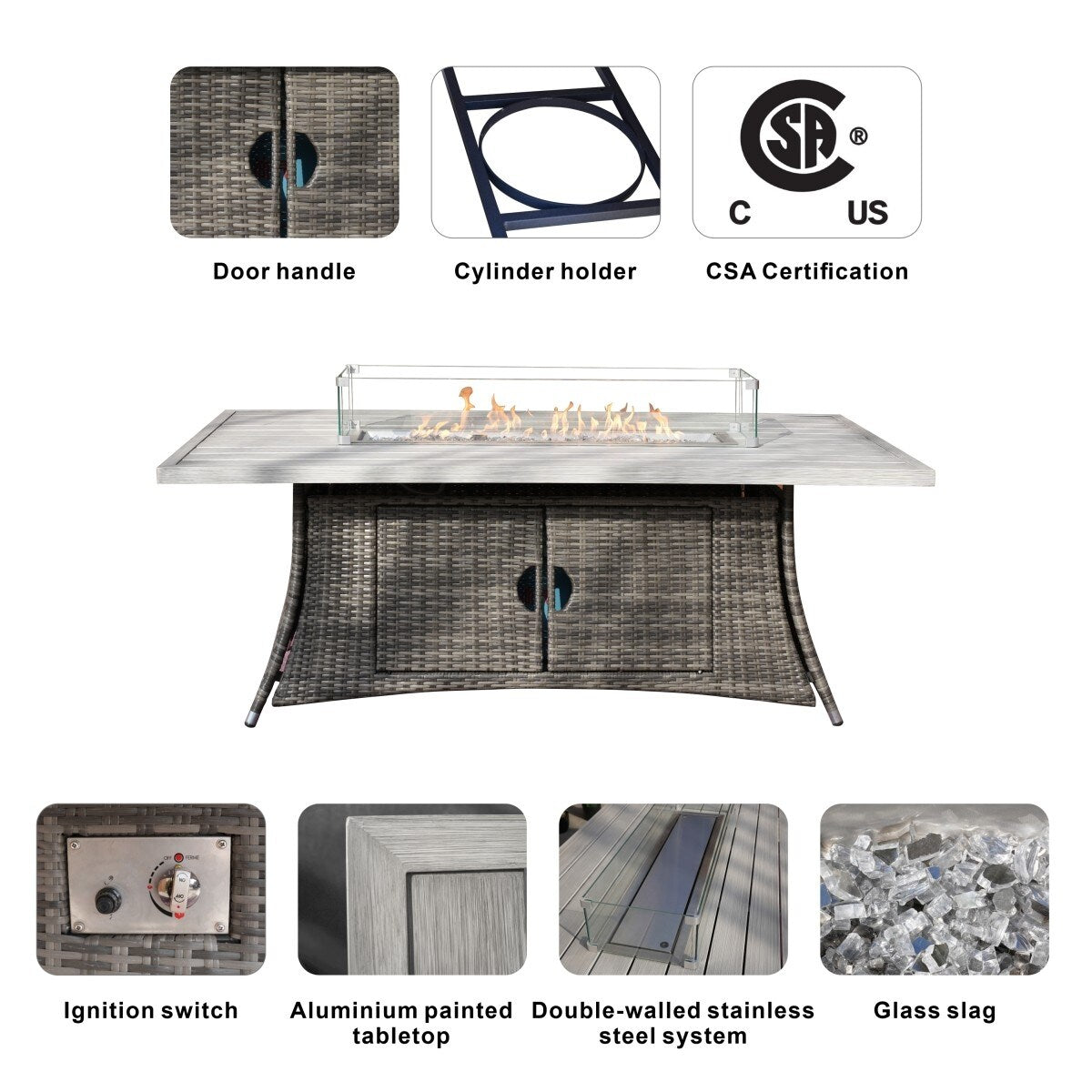 Ensemble de canapés d'extérieur en osier 5 pièces avec table et foyer en aluminium