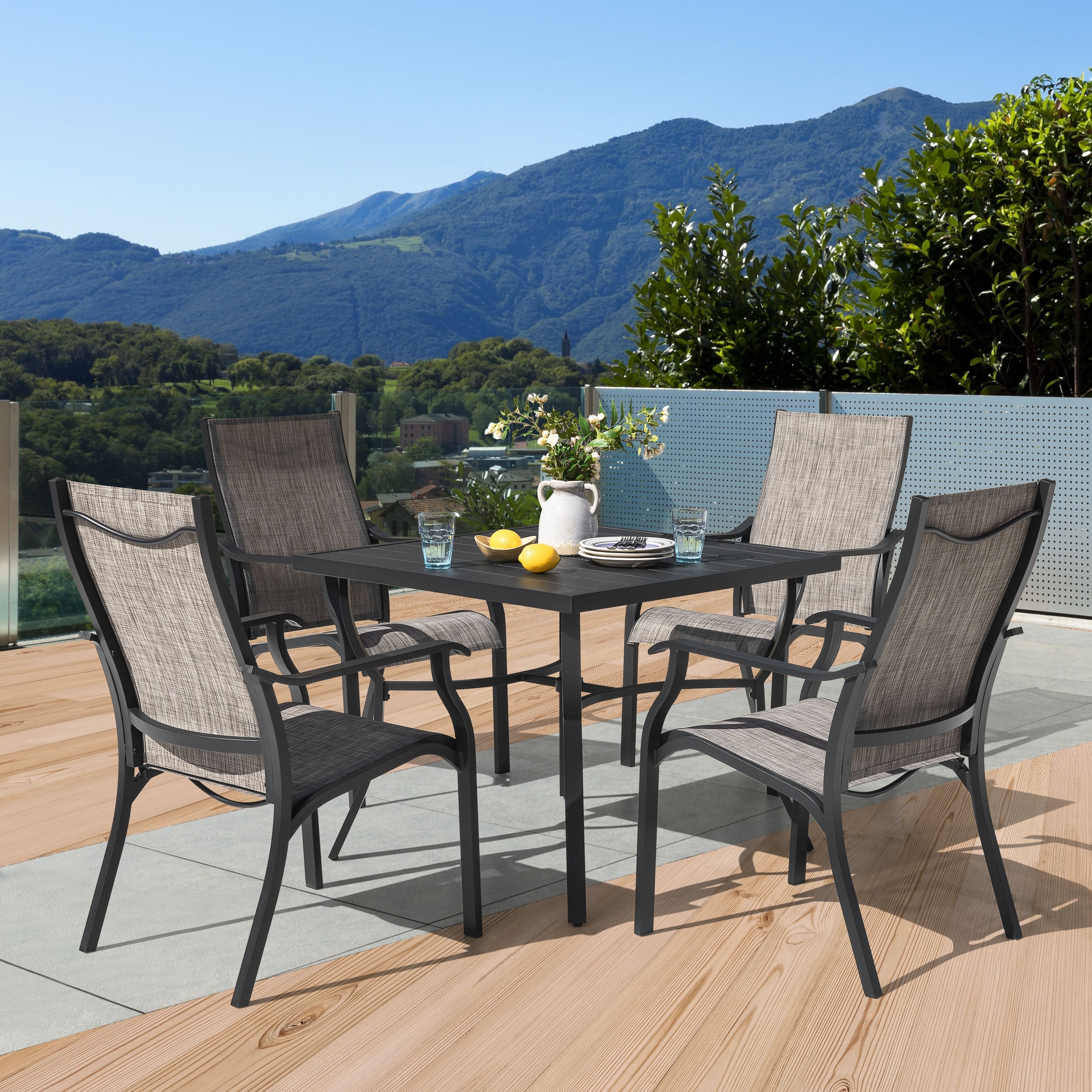 Ensemble de salle à manger de patio 5 pièces en aluminium et textilène avec trou pour parasol