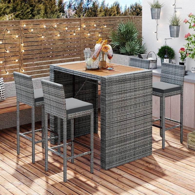 Ensemble de salle à manger et bar de patio 5 pièces, chaises hautes avec coussin