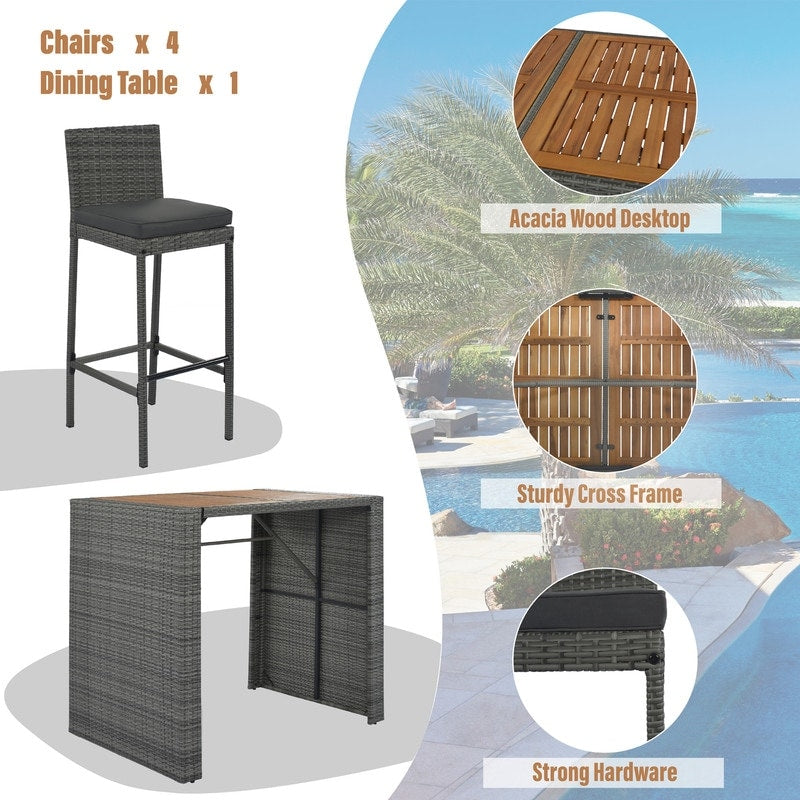 Ensemble de salle à manger et bar de patio 5 pièces, chaises hautes avec coussin
