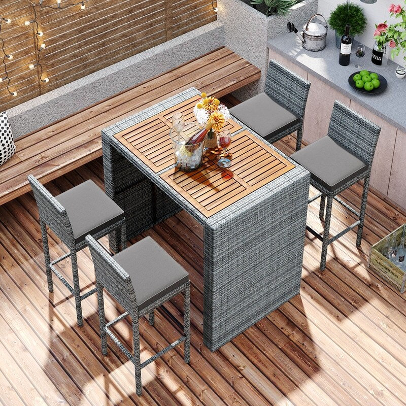 Ensemble de salle à manger et bar de patio 5 pièces, chaises hautes avec coussin