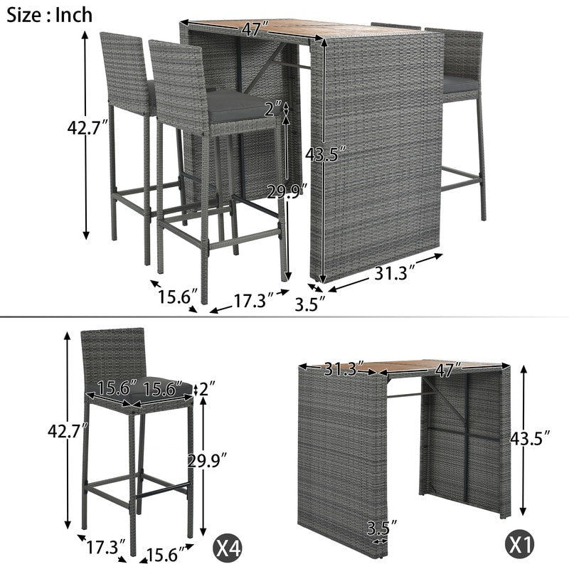 Ensemble de salle à manger et bar de patio 5 pièces, chaises hautes avec coussin