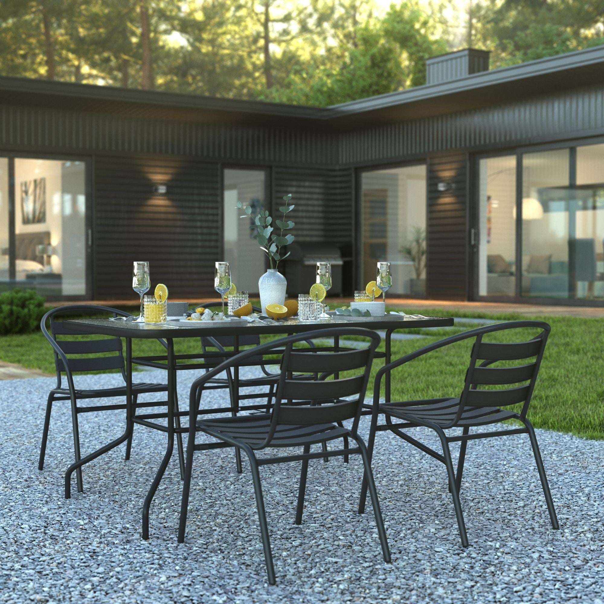 Ensemble de salle à manger de patio 5 pièces : table en verre, 4 chaises empilables flexibles