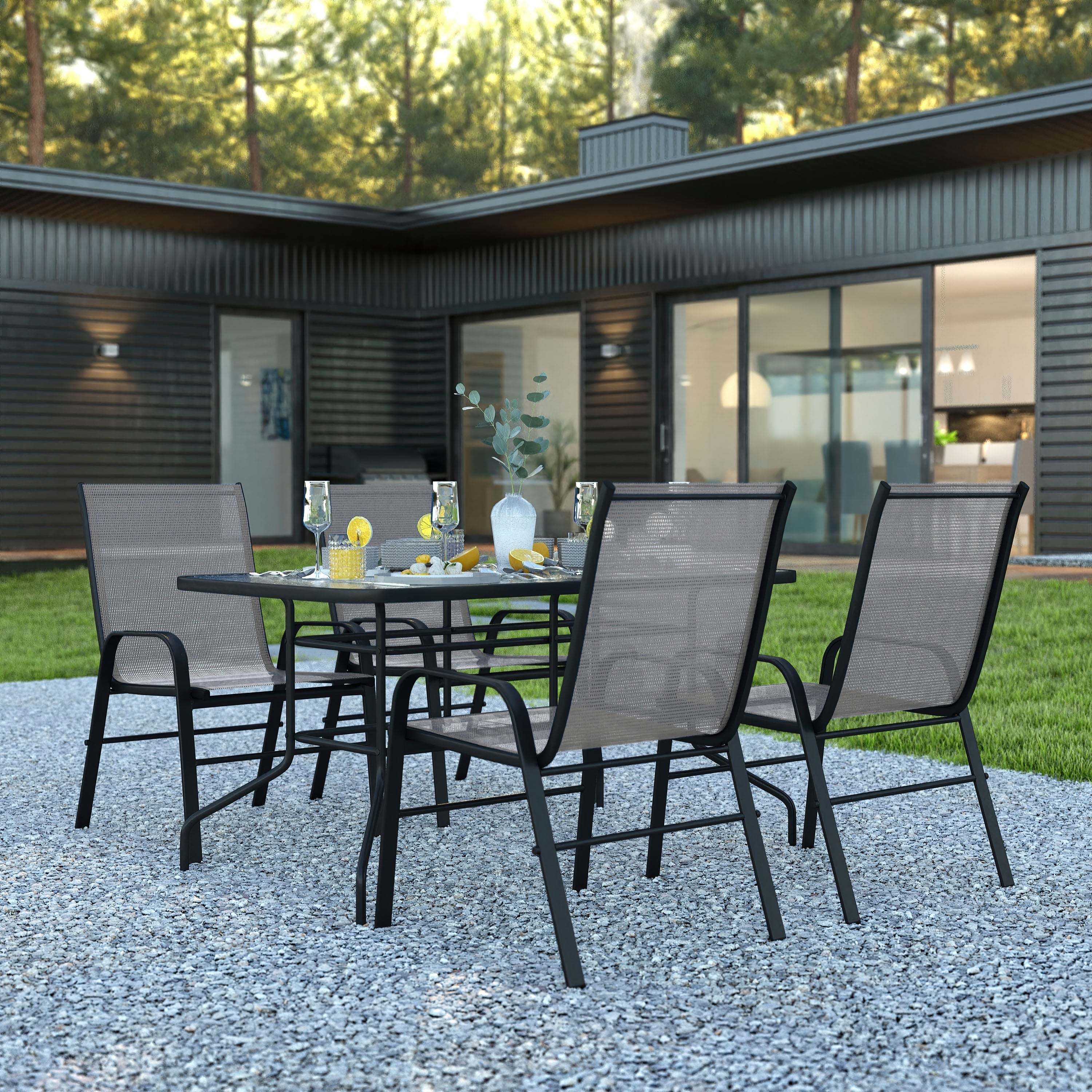 Ensemble de salle à manger de patio 5 pièces : table en verre, 4 chaises empilables flexibles