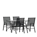 Ensemble de salle à manger de patio 5 pièces : table en verre, 4 chaises empilables flexibles