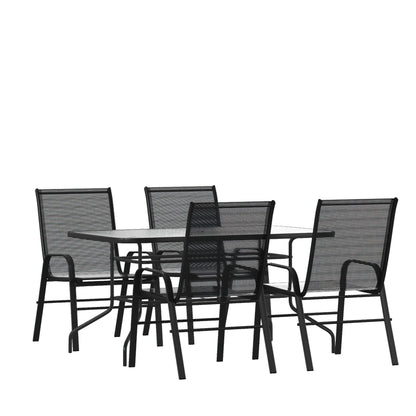 Ensemble de salle à manger de patio 5 pièces : table en verre, 4 chaises empilables flexibles