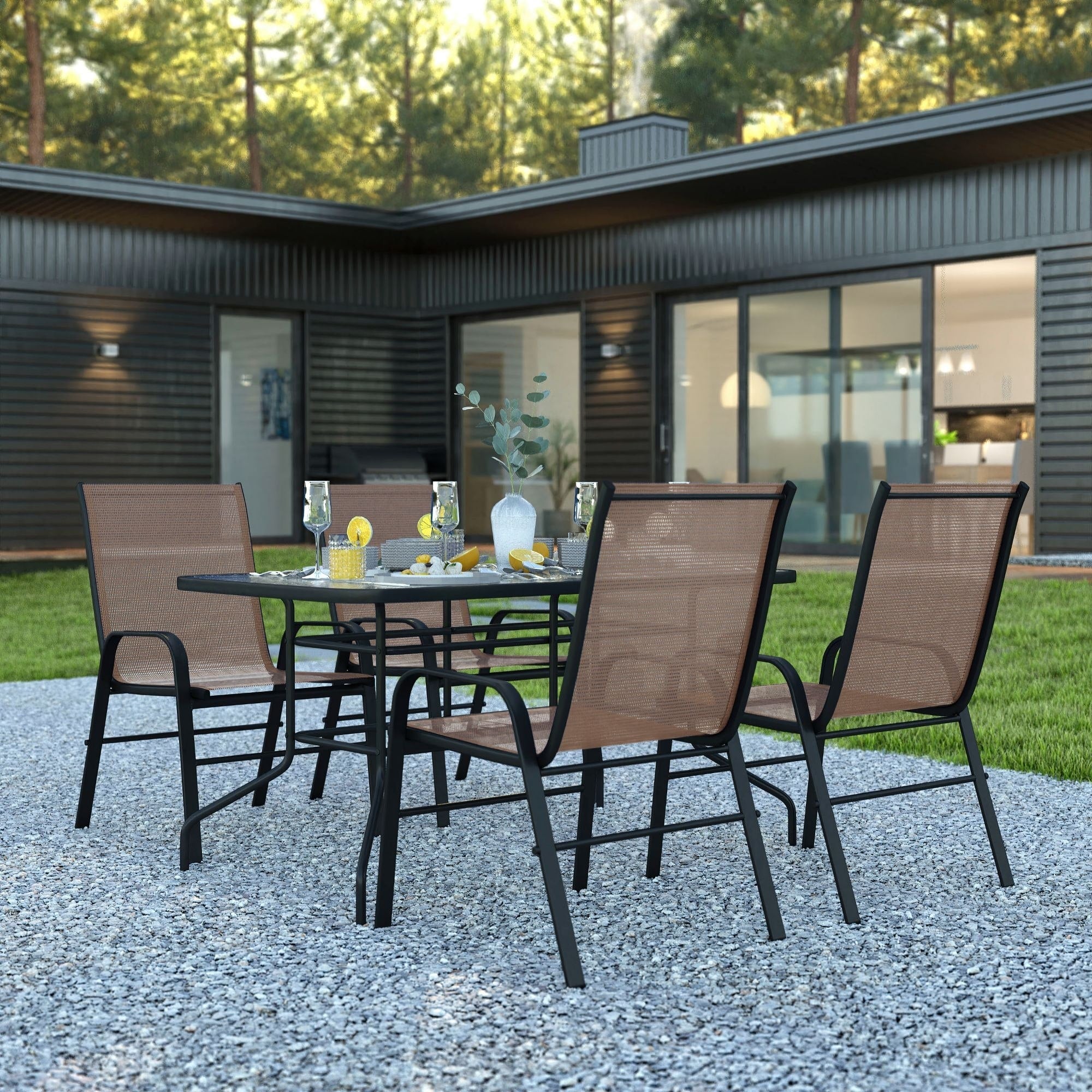 Ensemble de salle à manger de patio 5 pièces : table en verre, 4 chaises empilables flexibles