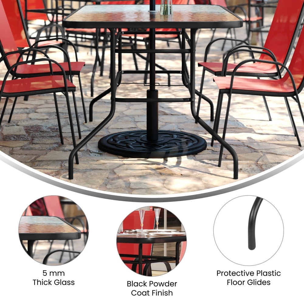 Ensemble de salle à manger de patio 5 pièces : table en verre, 4 chaises empilables flexibles