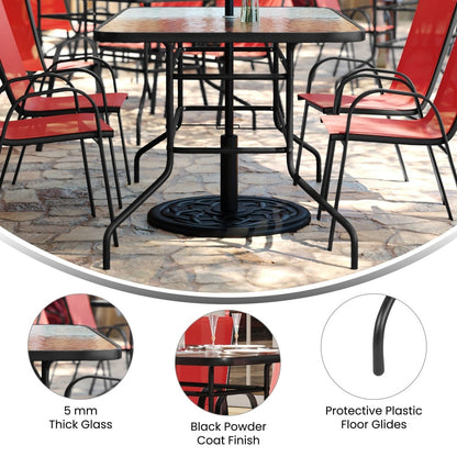Ensemble de salle à manger de patio 5 pièces : table en verre, 4 chaises empilables flexibles
