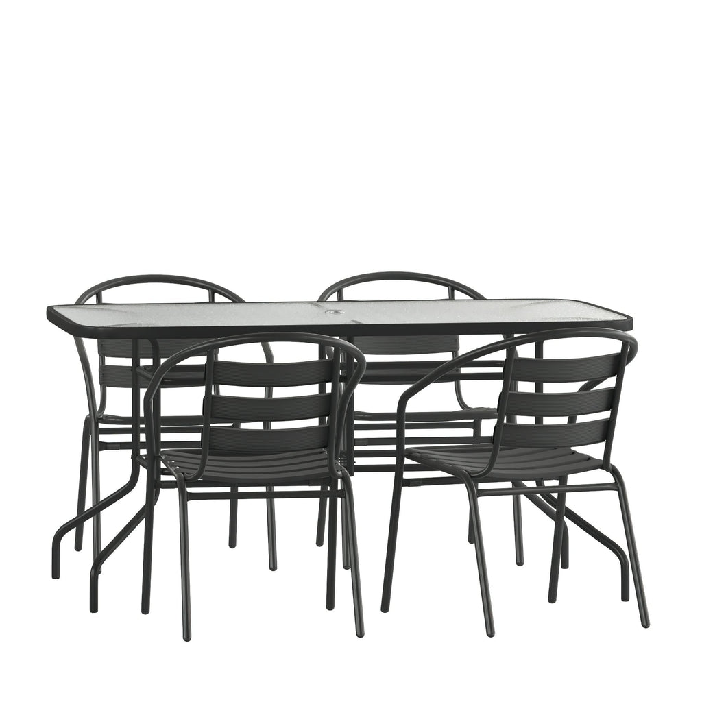 Ensemble de salle à manger de patio 5 pièces : table en verre, 4 chaises empilables flexibles